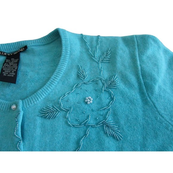 Lucky Brand Light Blue Beaded Cardigan Faux Pearl Button Wool Blend Ladies L EUC - Picture 9 of 16
